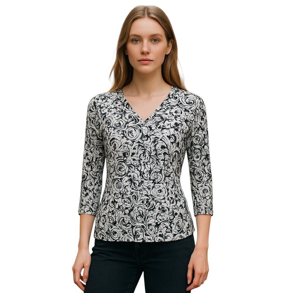 TALBOTS PETITES Floral Top 3/4-sleeved Black & White Rose Patterned Rayon Top